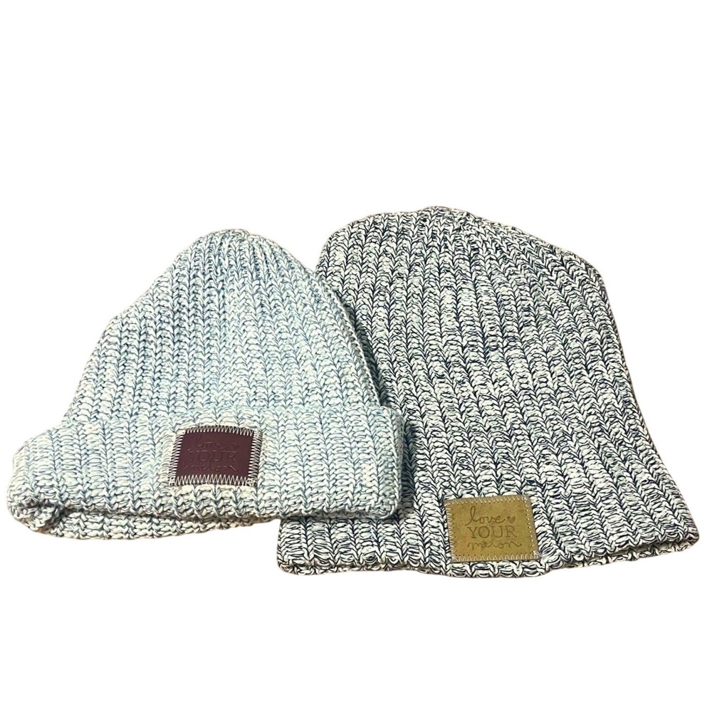 LOVE YOUR MELON Blue/Grey & Black Cotton USA OVERSIZED Beanie Hat Leather Lot